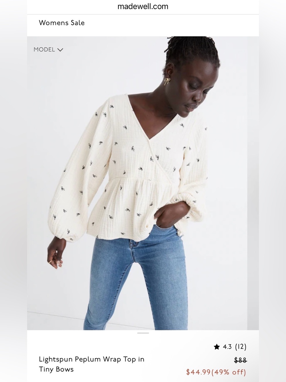 Madewell Cream Embroidered Wrap Peplum Top